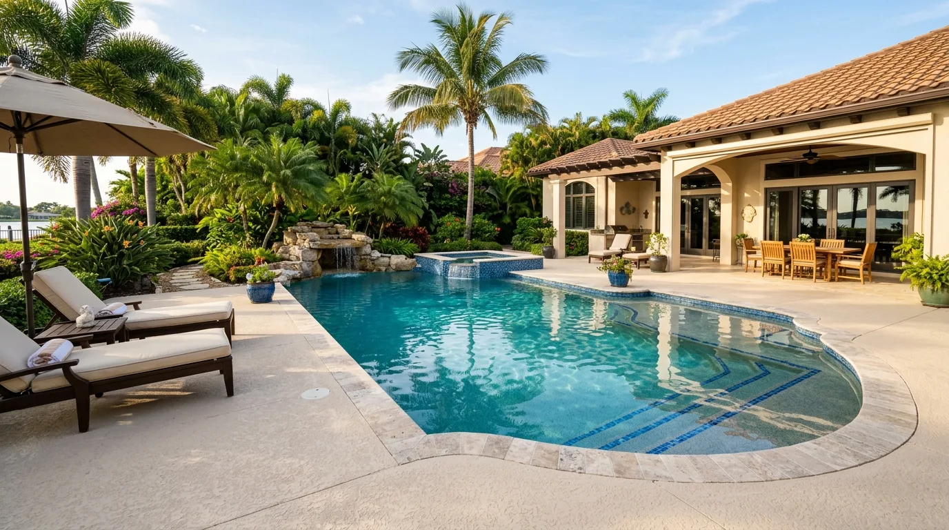 Concrete Pool Decks Naples: Cool Deck vs Stamped Concrete